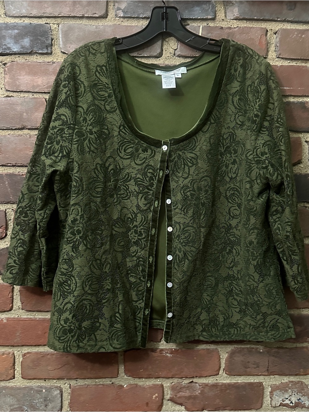 Vtg Y2K COLDWATER CREEK Green Lace Button Cottagecore Top -42 chest / 24” long
